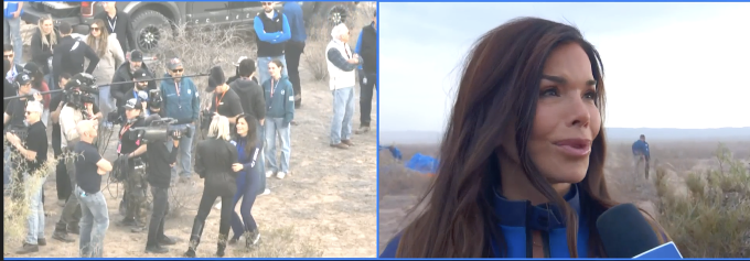 Lauren Sánchez hôn thê của nhà sáng lập Blue Origin Jeff Bezos trả lời phỏng vấn sau khi hạ cánh an toàn. Ảnh chụp màn hình